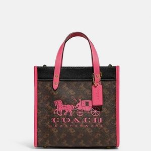 RARE Coach Field Tote 22 With Horse And Carriage Print And Carriage Badge - Pink